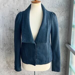 Free People Size 2 Teal Black Wool Tweed Puff Sleeve Blazer Herringbone Academia